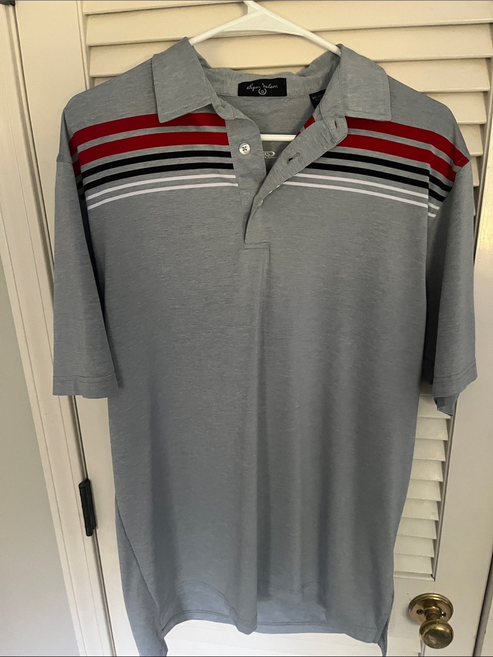 Lightweight Gray Polo with Red, Black and White Stripes and Georgia Bulldog logo